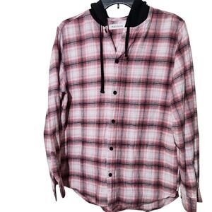 Pacsun Shacket Sweater Size Small Pink Front Buttons plaid hooded,